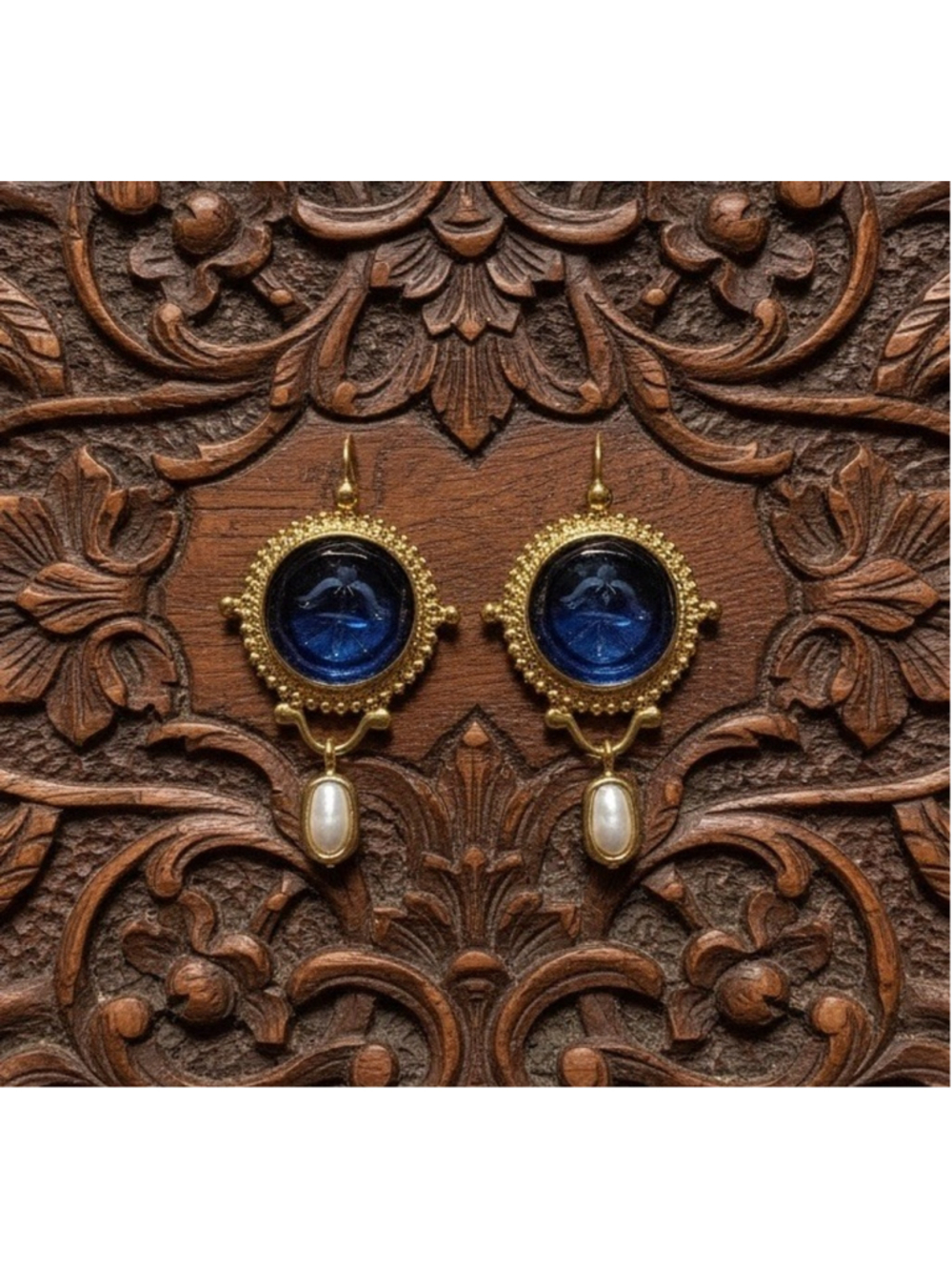 Museum Intaglio Earrings Blue Pearl Gold Cameo Flower Geometric Court Palace VTG